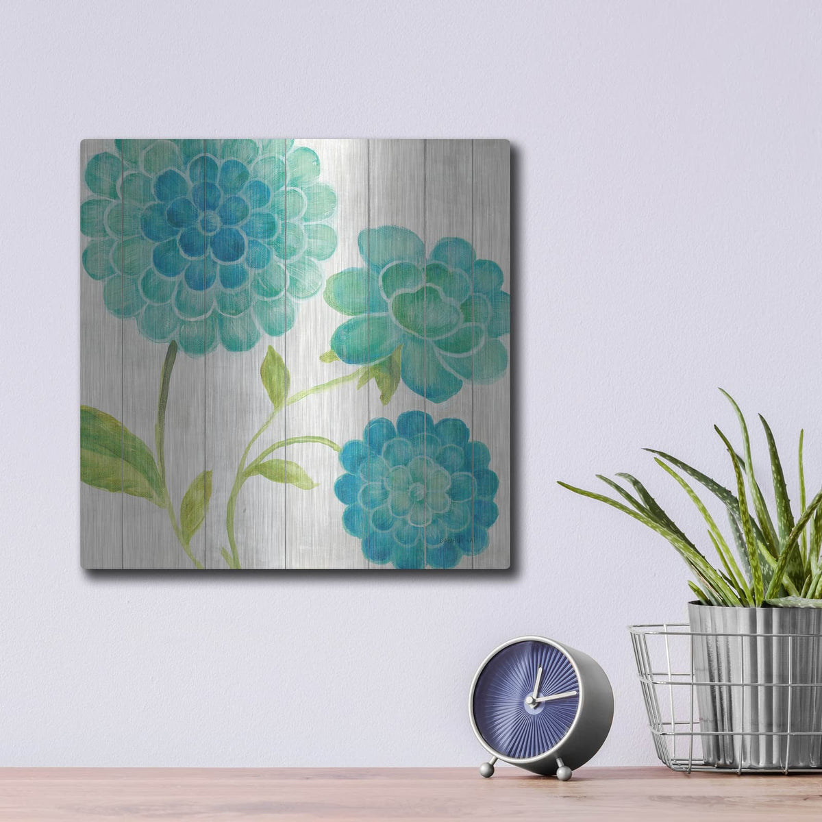 'Aqua Blooms On Wood 1' by Danhui Nai – Metal Wall Art, 12x12 room view