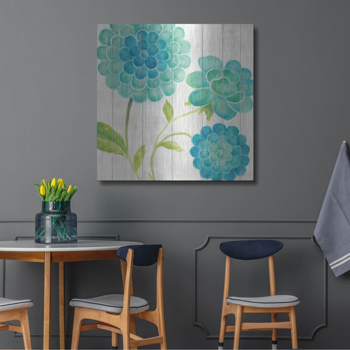 'Aqua Blooms On Wood 1' by Danhui Nai – Metal Wall Art, 36x36 room view