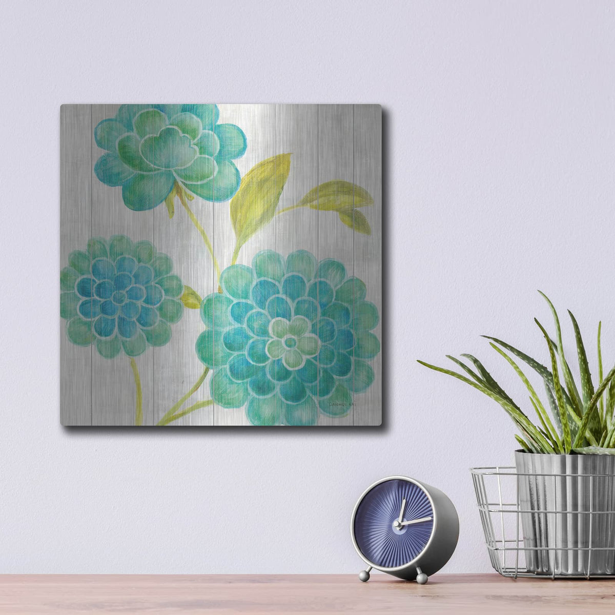 'Aqua Blooms On Wood 2' by Danhui Nai – Metal Wall Art, 12x12 room view