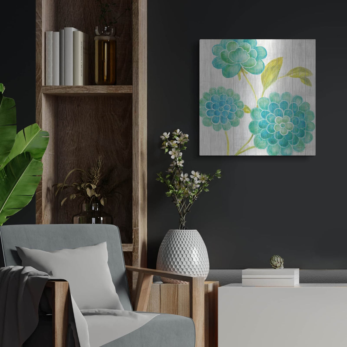 'Aqua Blooms On Wood 2' by Danhui Nai – Metal Wall Art, 24x24 room view