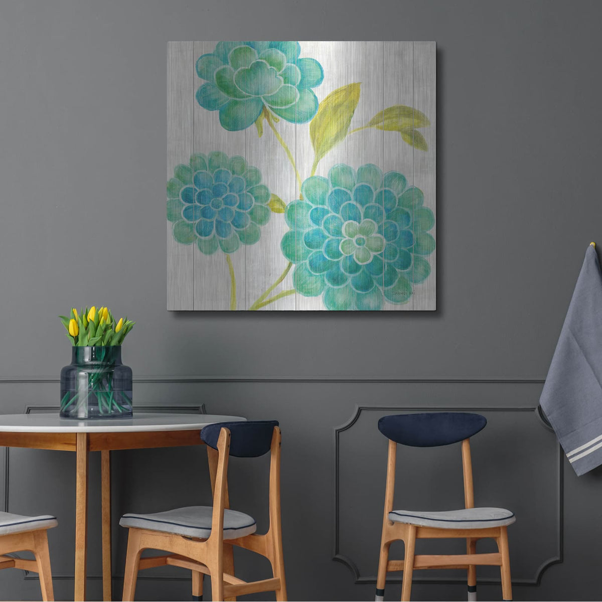 'Aqua Blooms On Wood 2' by Danhui Nai – Metal Wall Art, 36x36 room view
