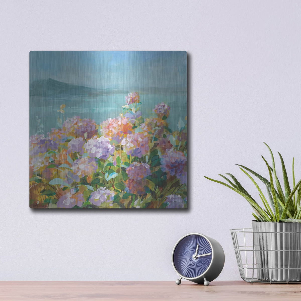 'Beach Hydrangeas' by Danhui Nai – Metal Wall Art, 12x12 room view