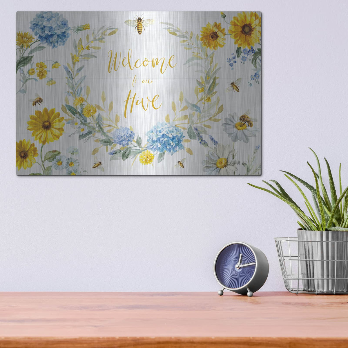 'Bees And Blooms Flowers 1' by Danhui Nai – Metal Wall Art, 16x12 room view