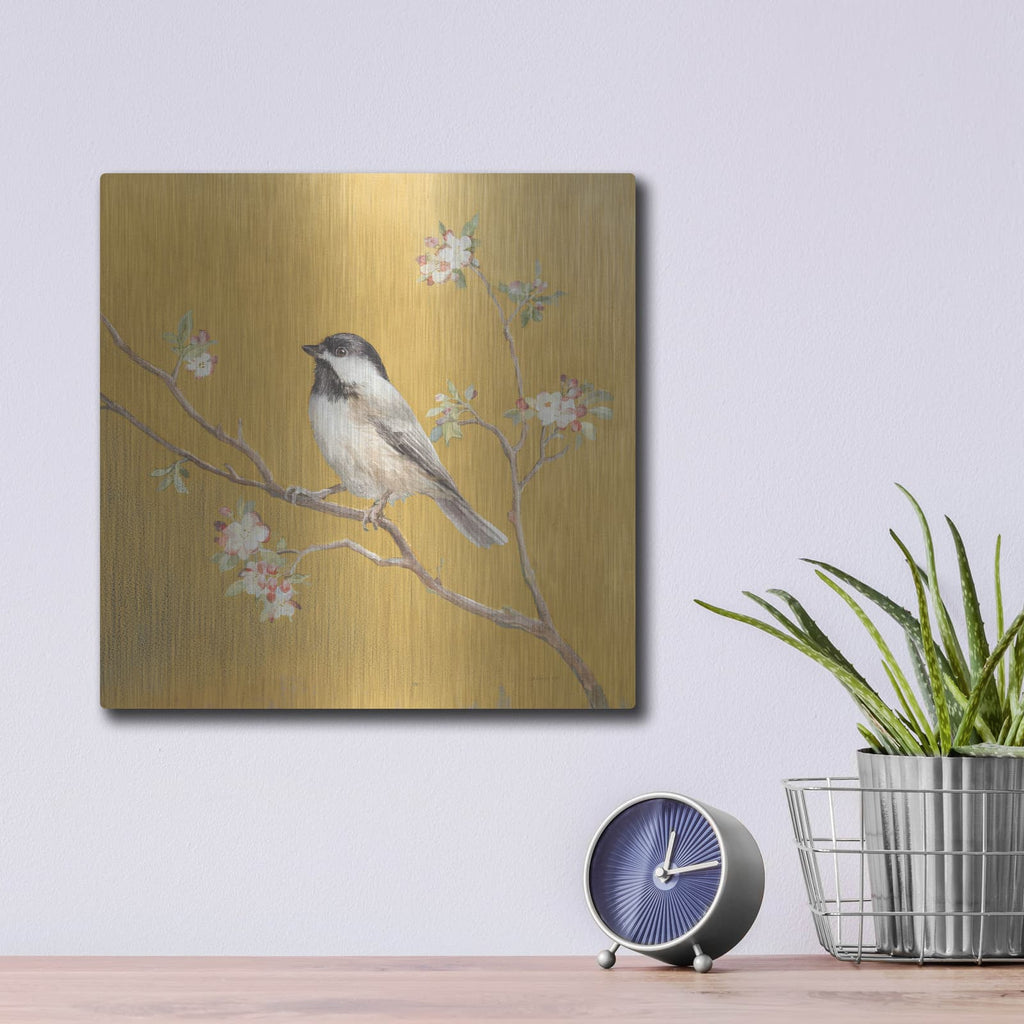 'Black Capped Chickadee On Gold' by Danhui Nai – Metal Wall Art, 12x12 room view