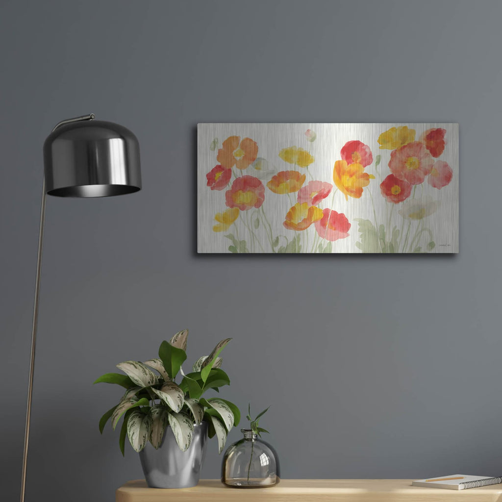 'Bright Poppies 3' by Danhui Nai – Metal Wall Art, 24x12 room view