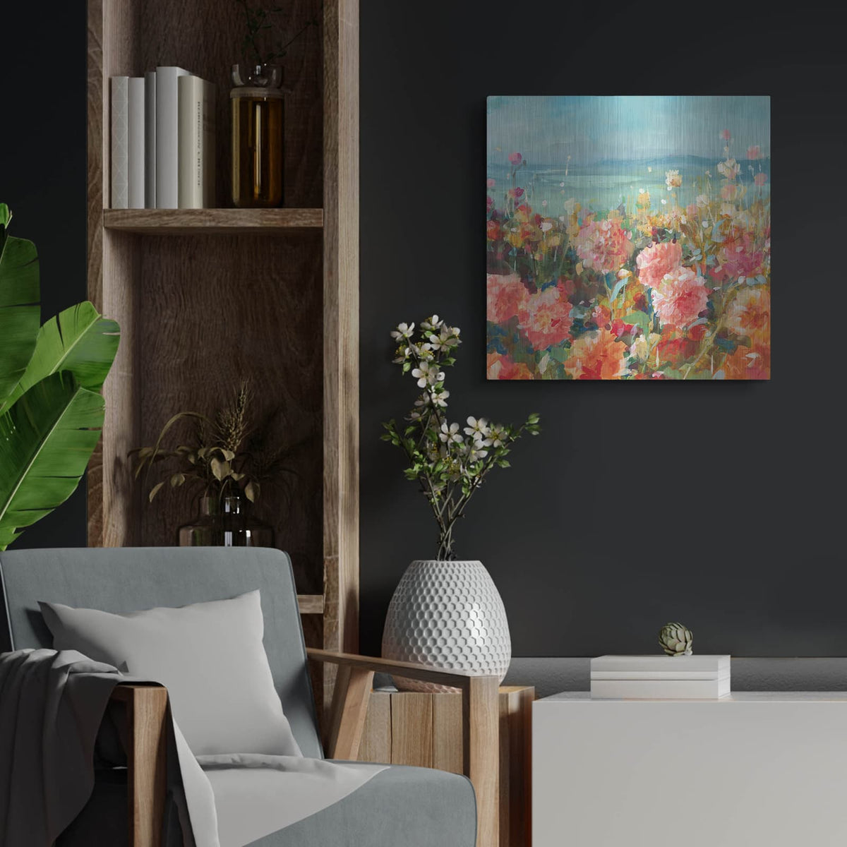 'Coastal Dahlias' by Danhui Nai – Metal Wall Art, 24x24 room view