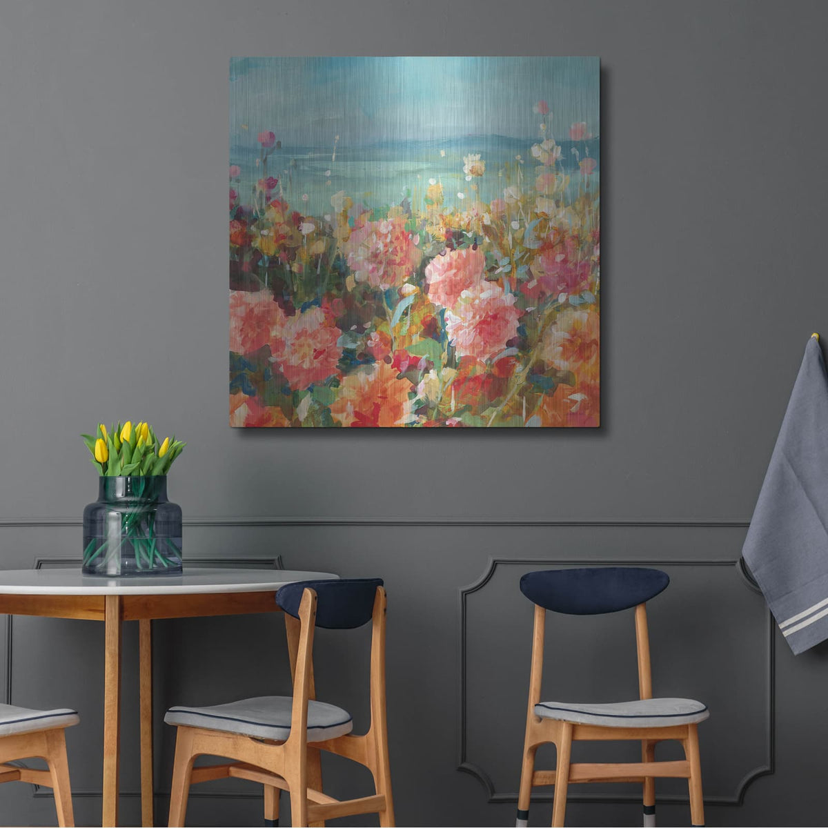 'Coastal Dahlias' by Danhui Nai – Metal Wall Art, 36x36 room view