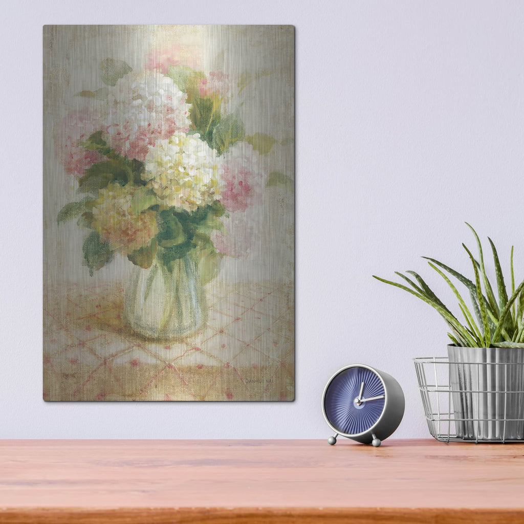 'Cottage Hydrangeas In Pink' by Danhui Nai – Metal Wall Art, 12x16 room view