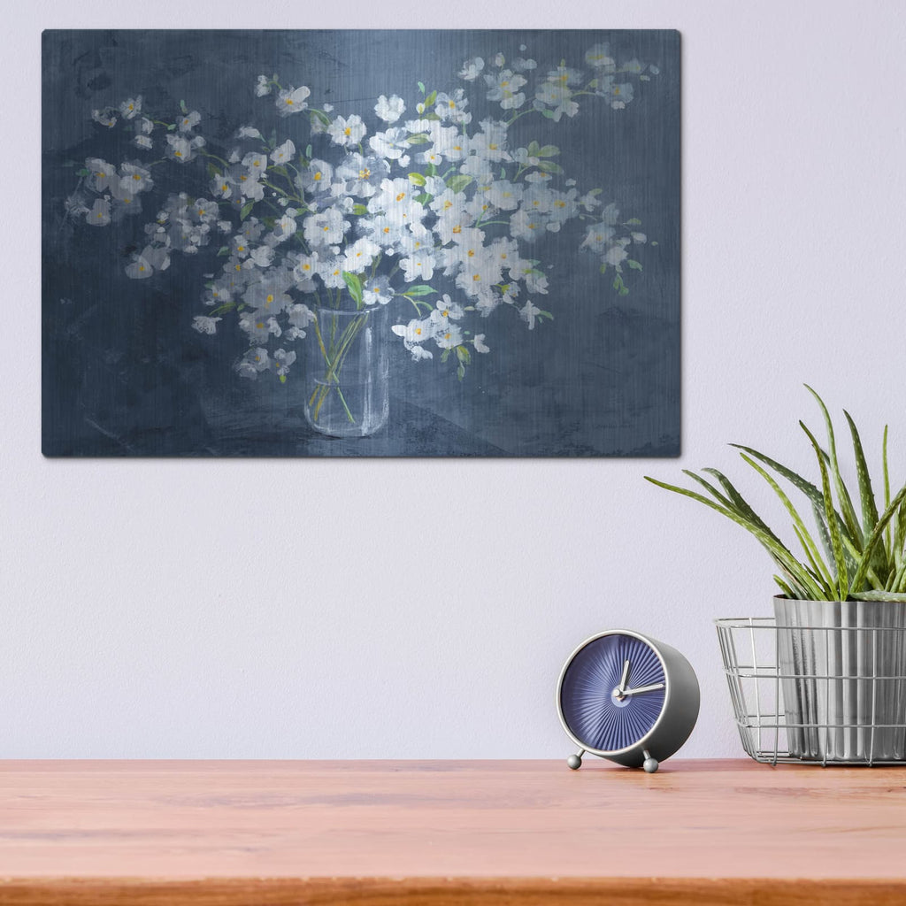 'Fresh White Bouquet Dark Blue' by Danhui Nai – Metal Wall Art, 16x12 room view