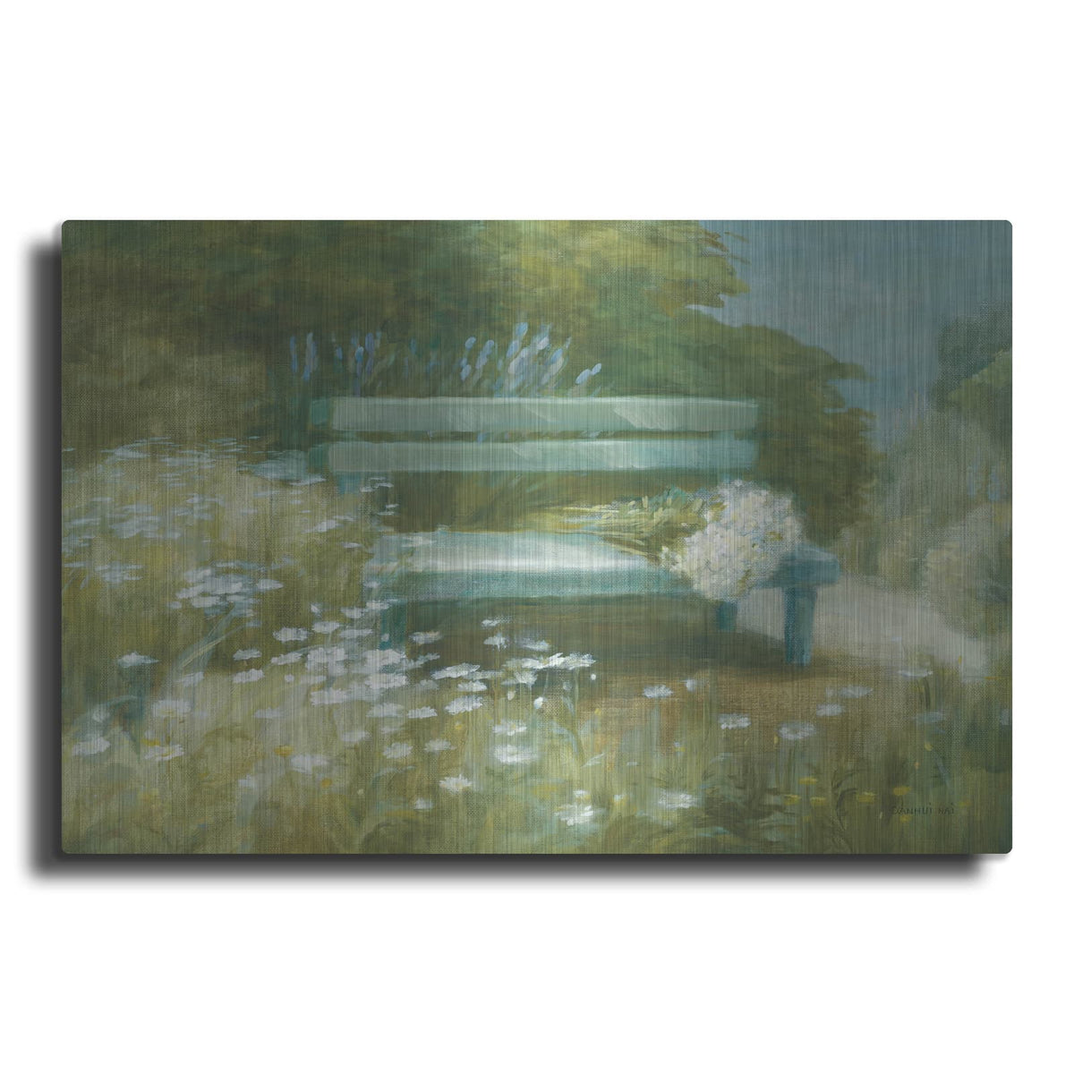 'Garden Bench With Daisy Bouquet' by Danhui Nai – Metal Wall Art