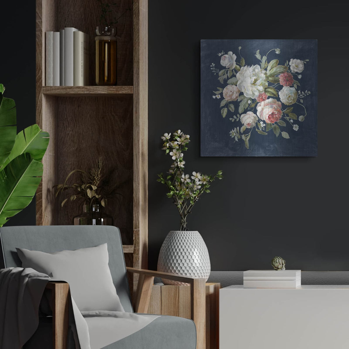 'Gifts From The Garden Navy' by Danhui Nai – Metal Wall Art, 24x24 room view