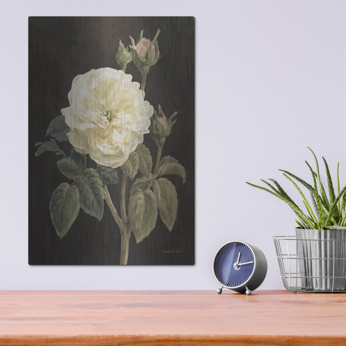'Heirloom White Rose On Black' by Danhui Nai – Metal Wall Art, 12x16 room view