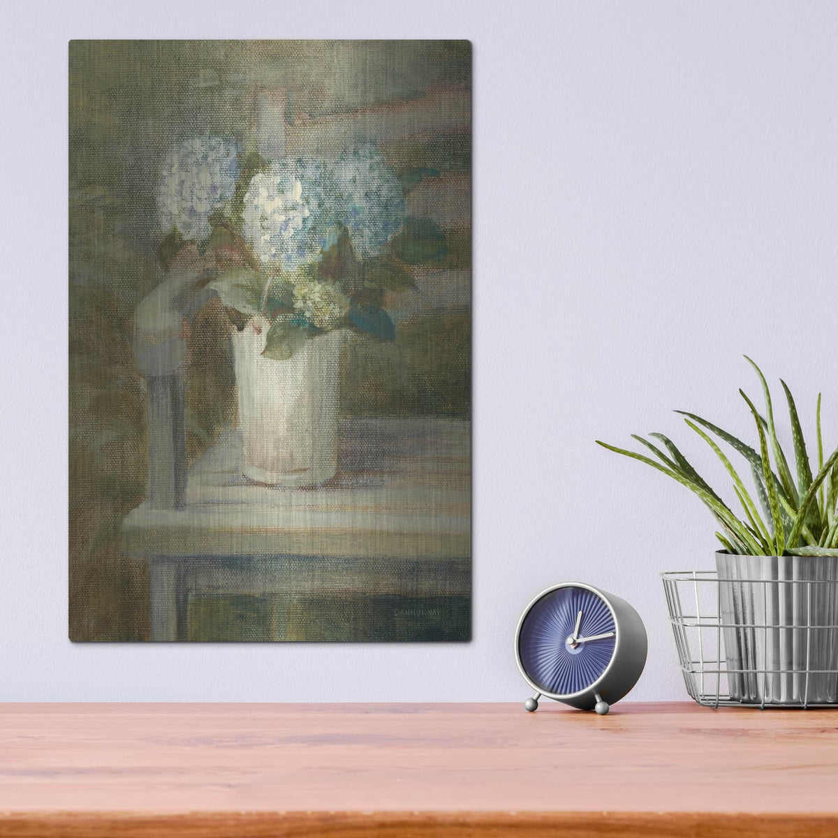 'Hydrangea Bouquet On Bench' by Danhui Nai – Metal Wall Art, 12x16 room view