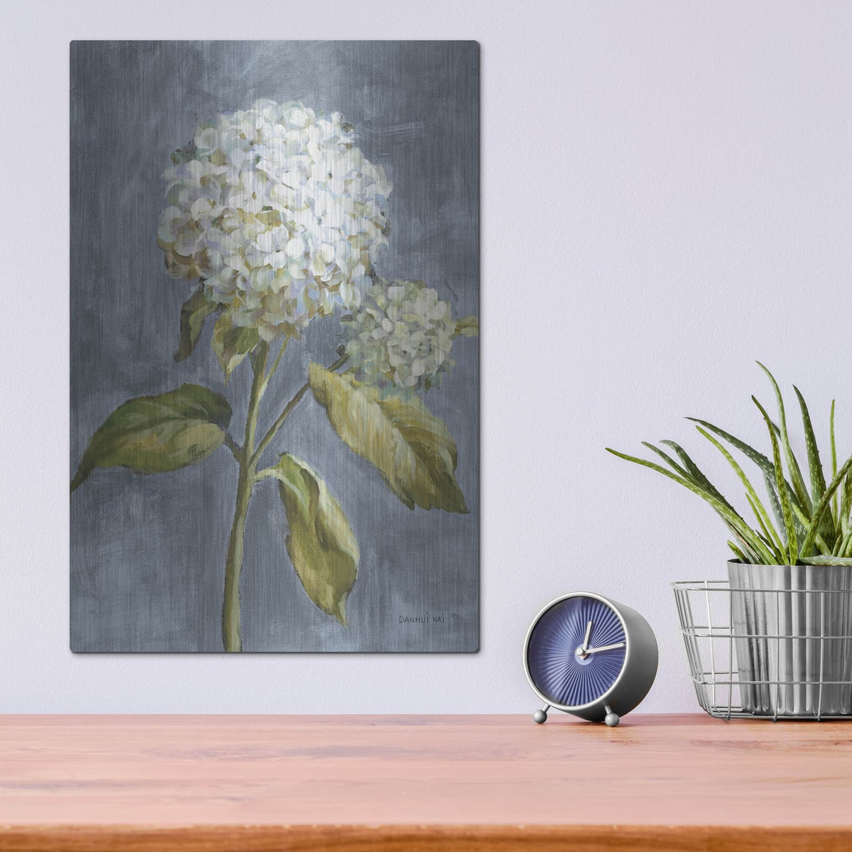 'Hydrangea On Dusty Blue' by Danhui Nai – Metal Wall Art, 12x16 room view