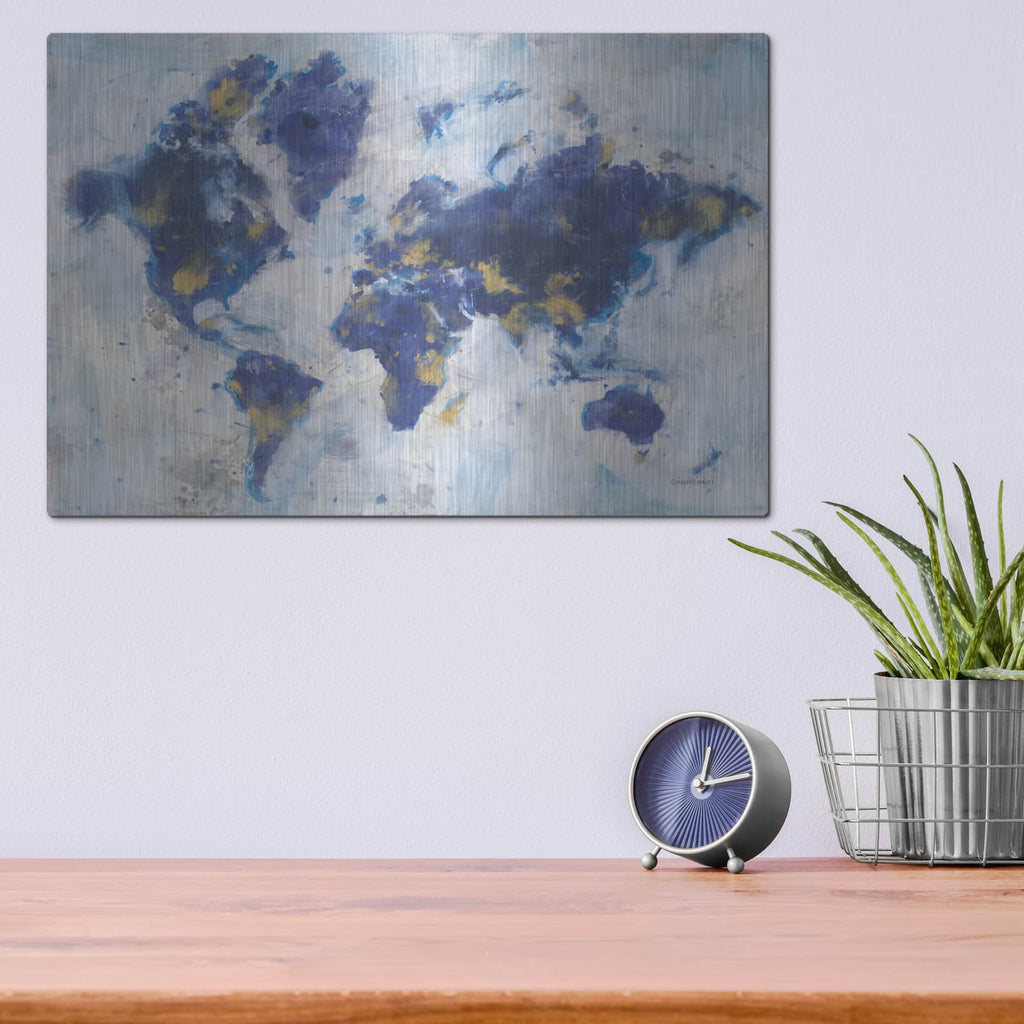 'Indigo World Map' by Danhui Nai – Metal Wall Art, 16x12 room view