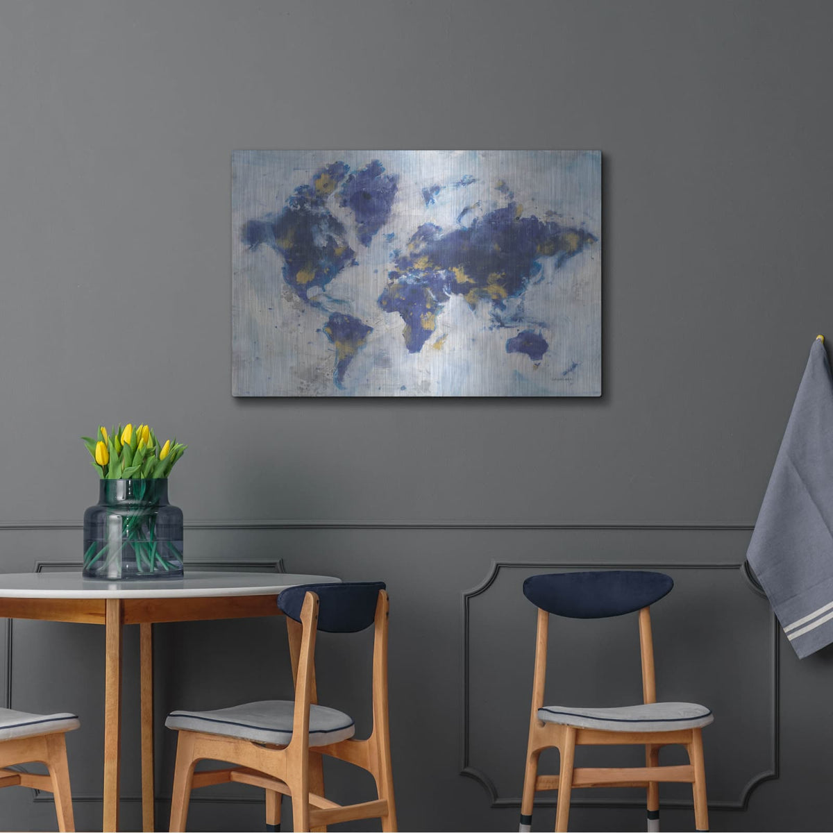 'Indigo World Map' by Danhui Nai – Metal Wall Art, 36x24 room view