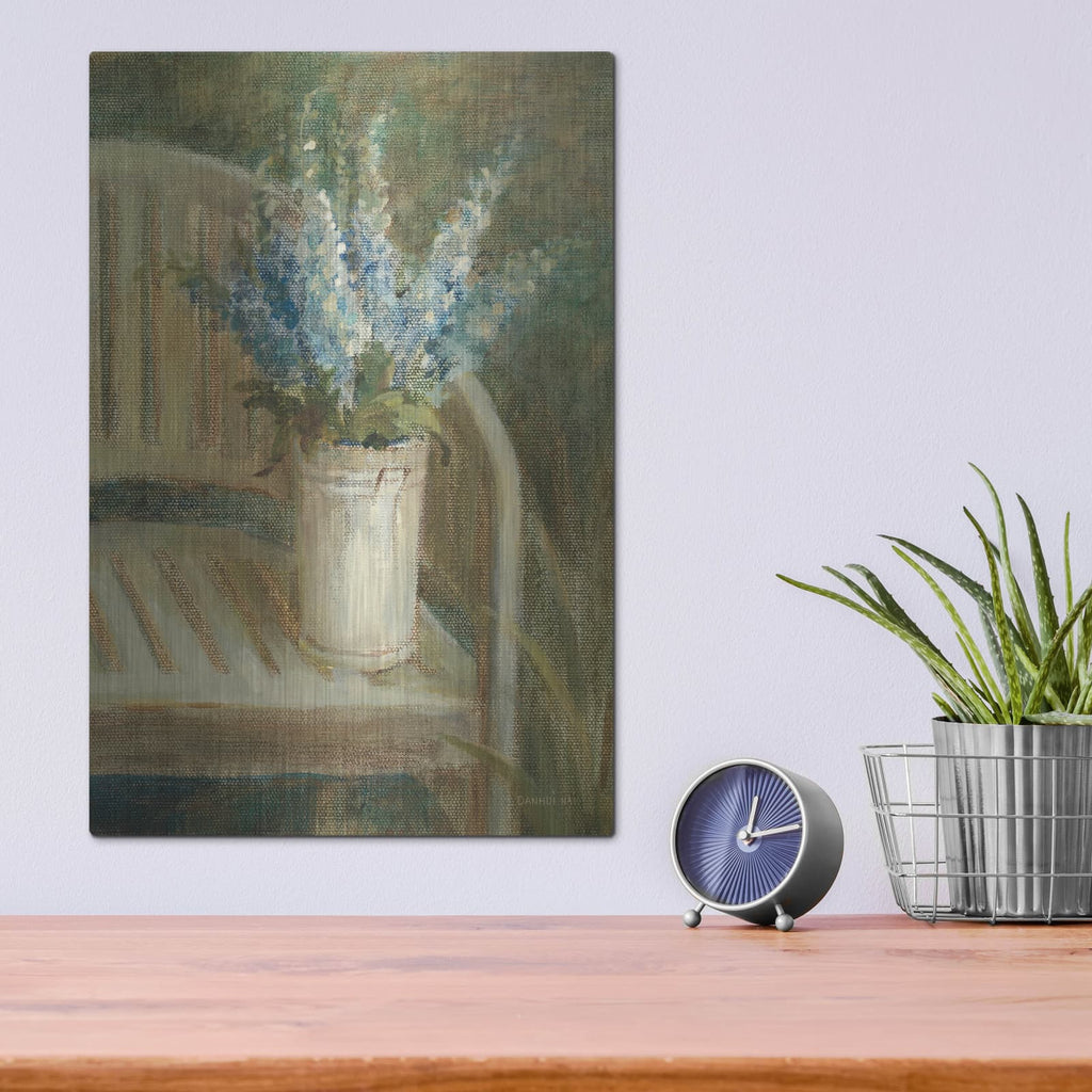 'Larkspur Bouquet On Bench' by Danhui Nai – Metal Wall Art, 12x16 room view