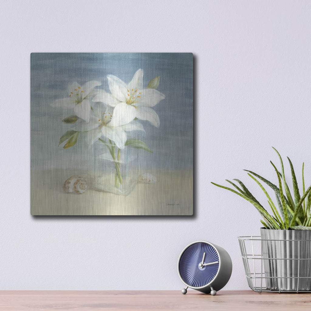 'Lilies And Shells' by Danhui Nai – Metal Wall Art, 12x12 room view