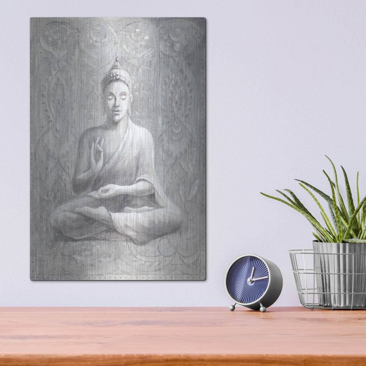 'Peace Of The Buddha Silver' by Danhui Nai – Metal Wall Art, 12x16 room view