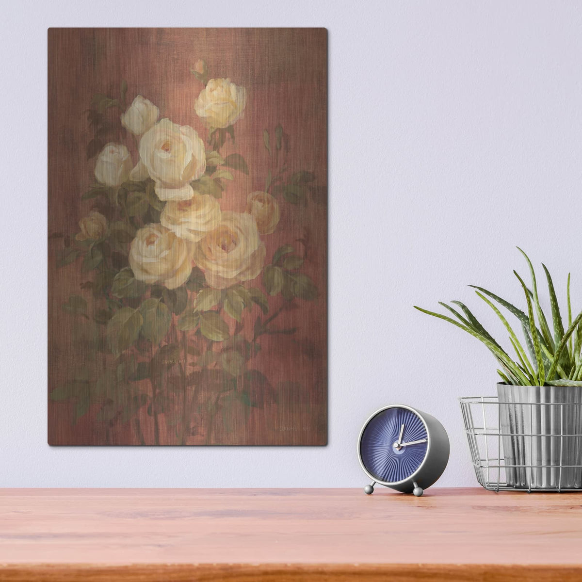 'Peach Roses On Red 2' by Danhui Nai – Metal Wall Art, 12x16 room view