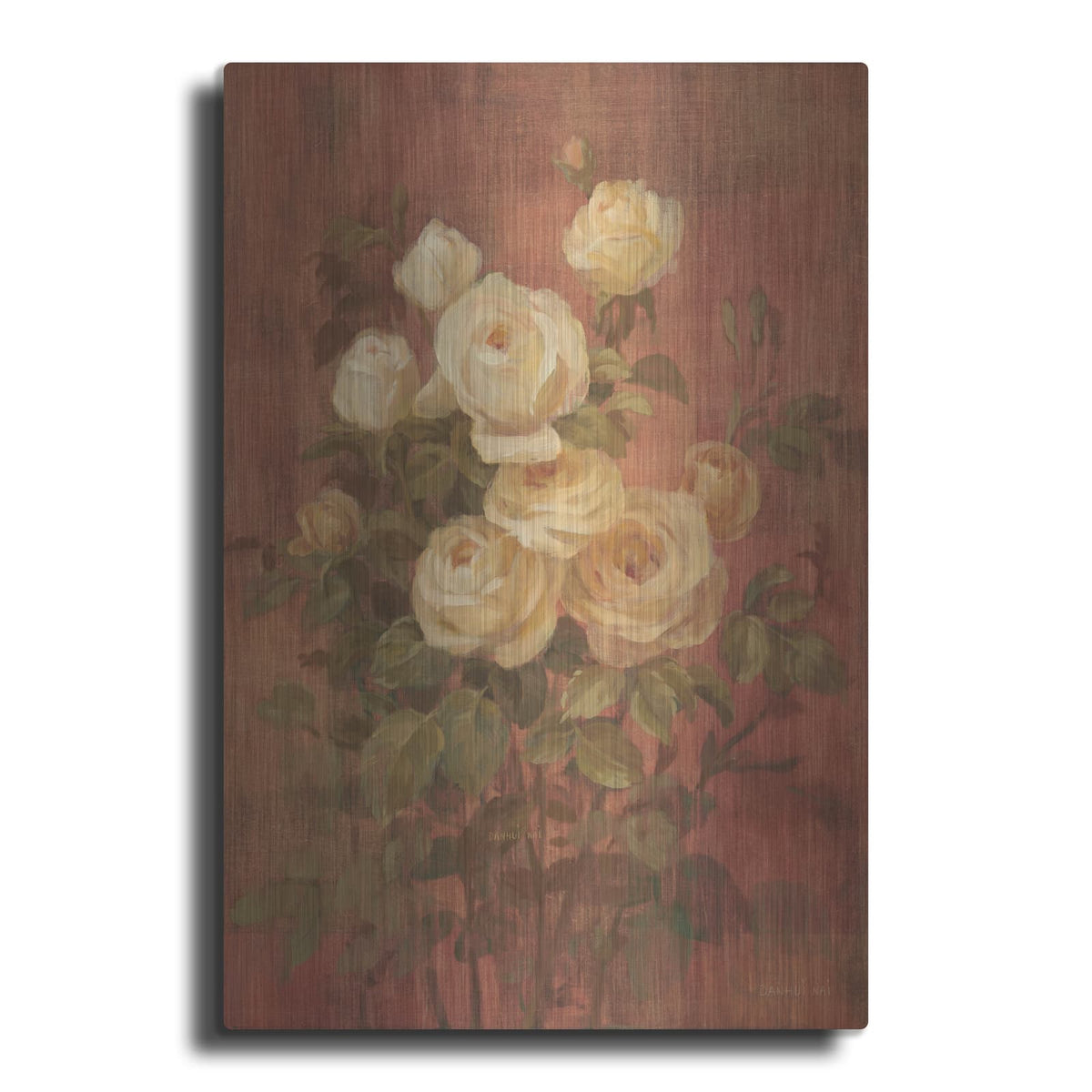 'Peach Roses On Red 2' by Danhui Nai – Metal Wall Art