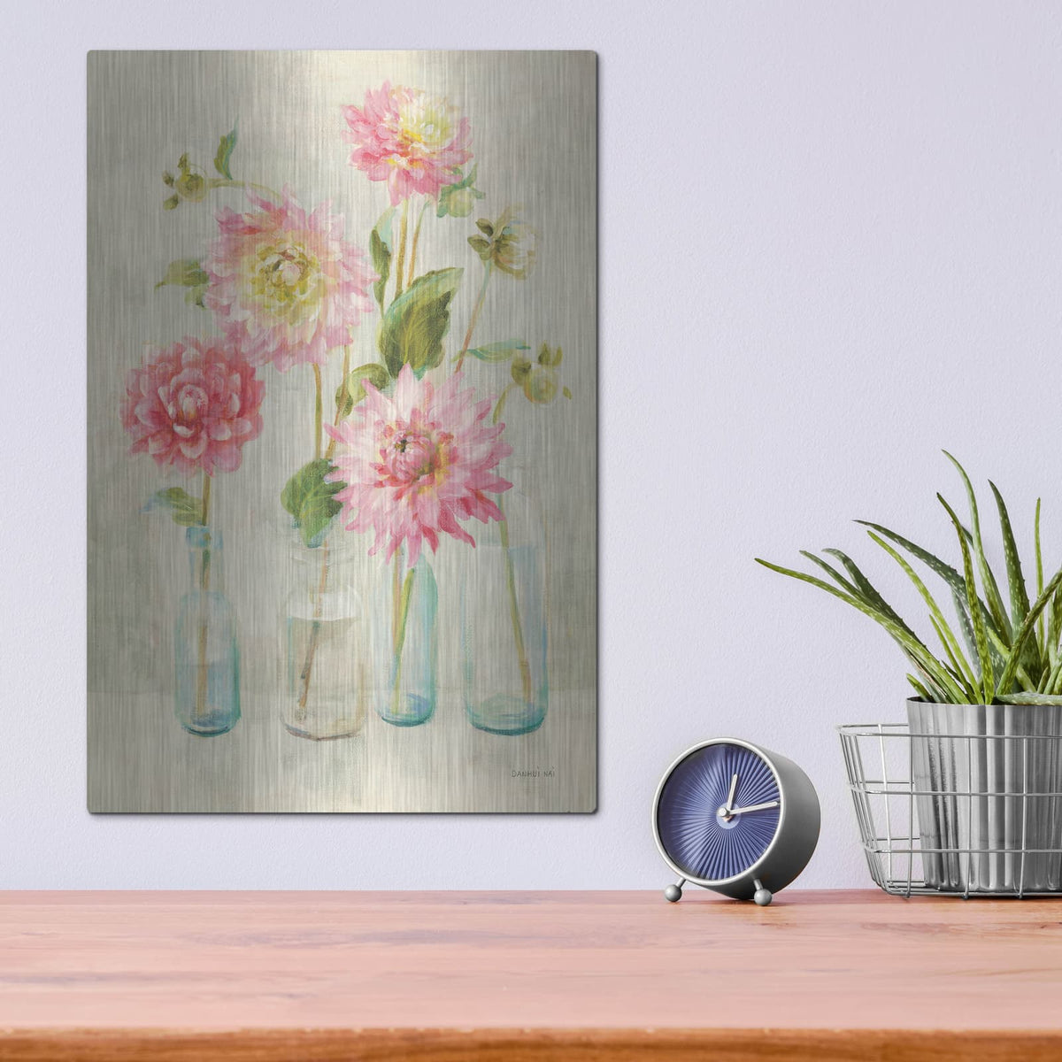 'Pink Dahlias' by Danhui Nai – Metal Wall Art, 12x16 room view