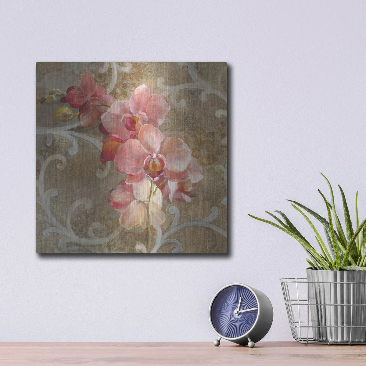'Pink Orchid' by Danhui Nai – Metal Wall Art, 12x12 room view