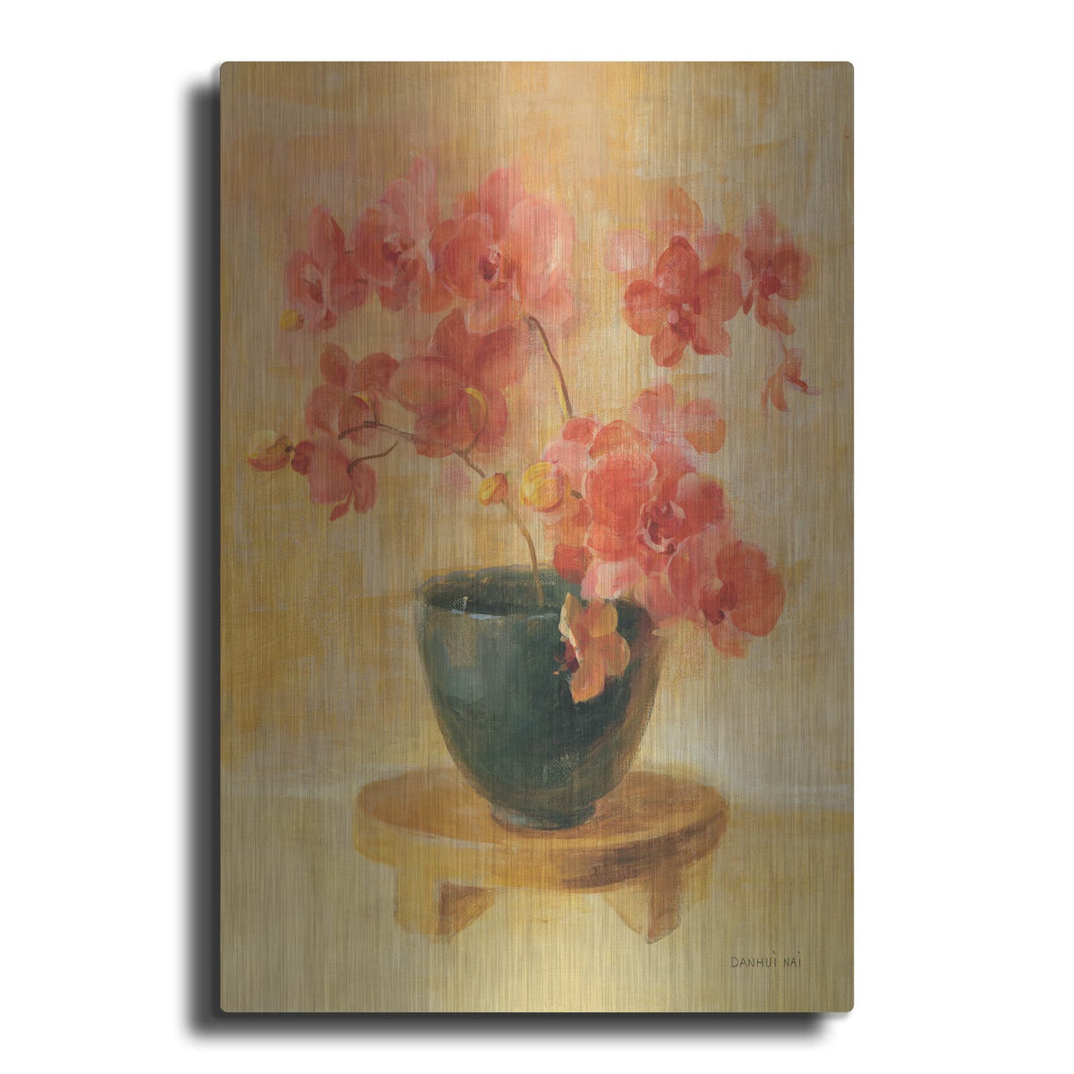 'Pink Orchids In Black Vase' by Danhui Nai – Metal Wall Art