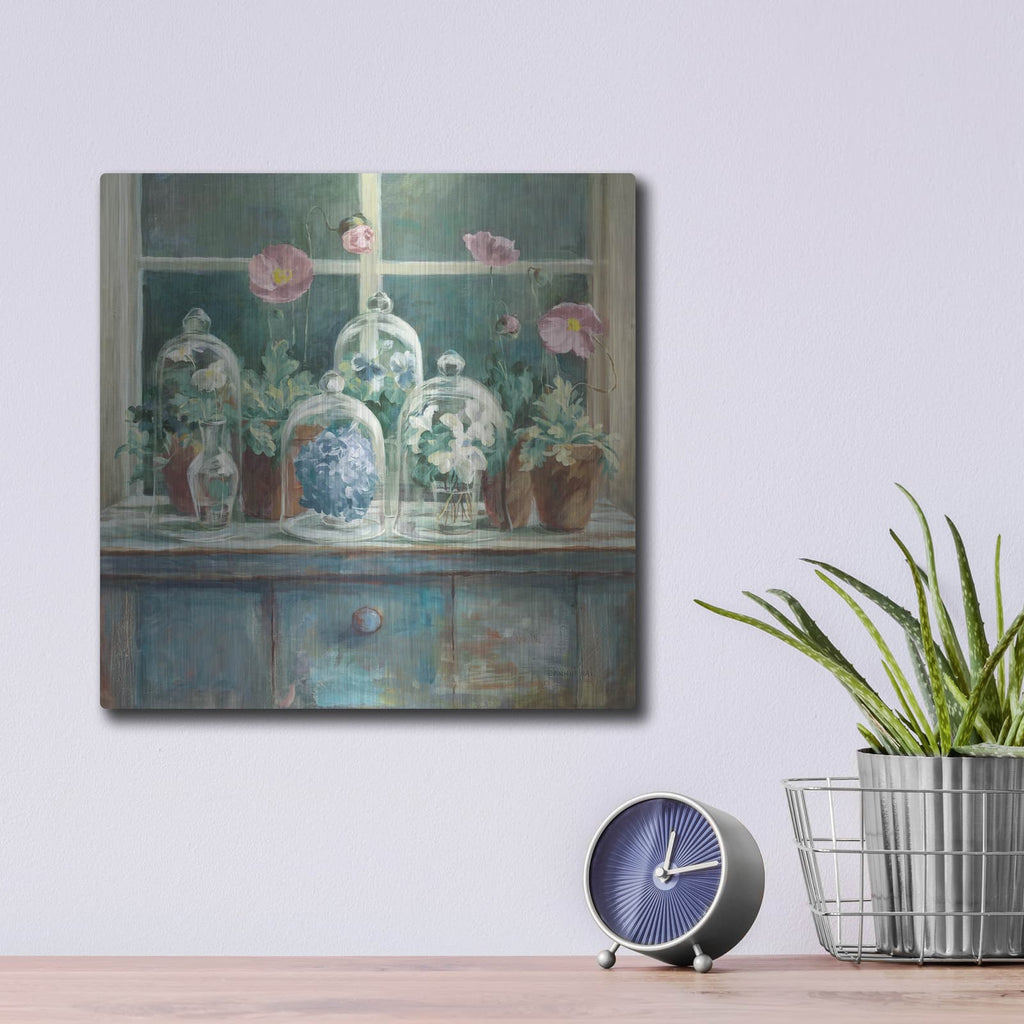 'Pink Poppies Windowsill Sage' by Danhui Nai – Metal Wall Art, 12x12 room view