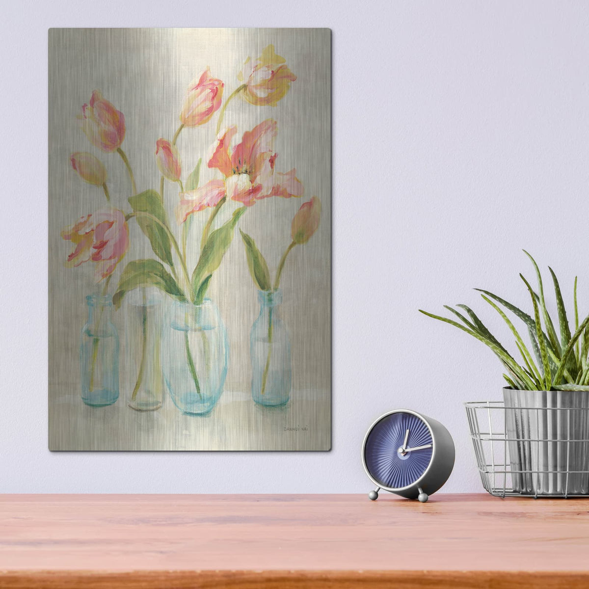'Pink Tulips' by Danhui Nai – Metal Wall Art, 12x16 room view