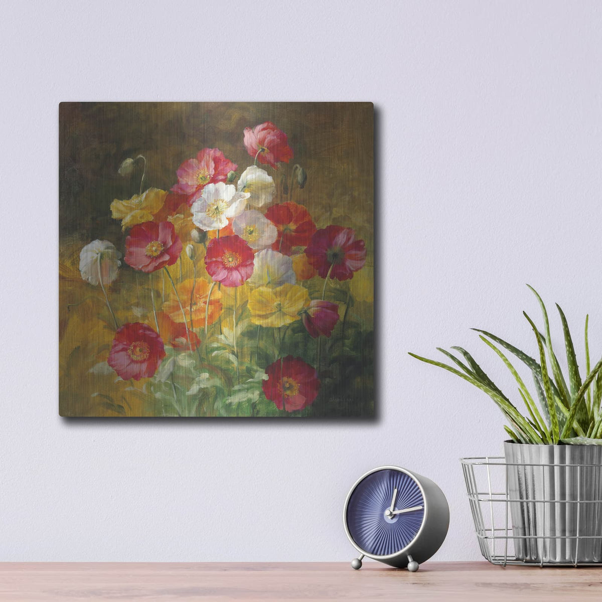 'Poppies In The Field On Brown' by Danhui Nai – Metal Wall Art, 12x12 room view