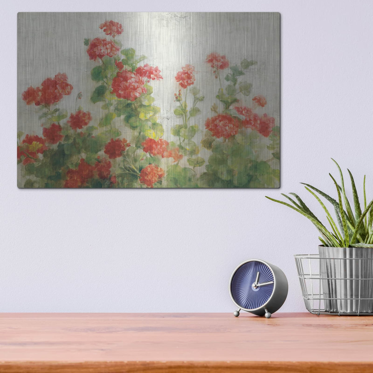 'Red Geraniums On White V2' by Danhui Nai – Metal Wall Art, 16x12 room view