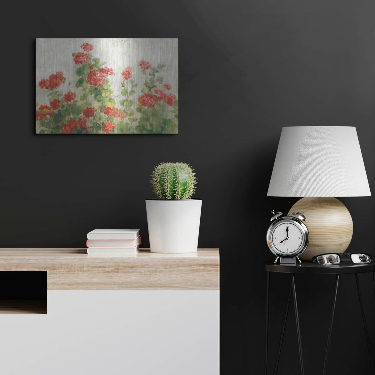 'Red Geraniums On White V2' by Danhui Nai – Metal Wall Art, 24x16 room view