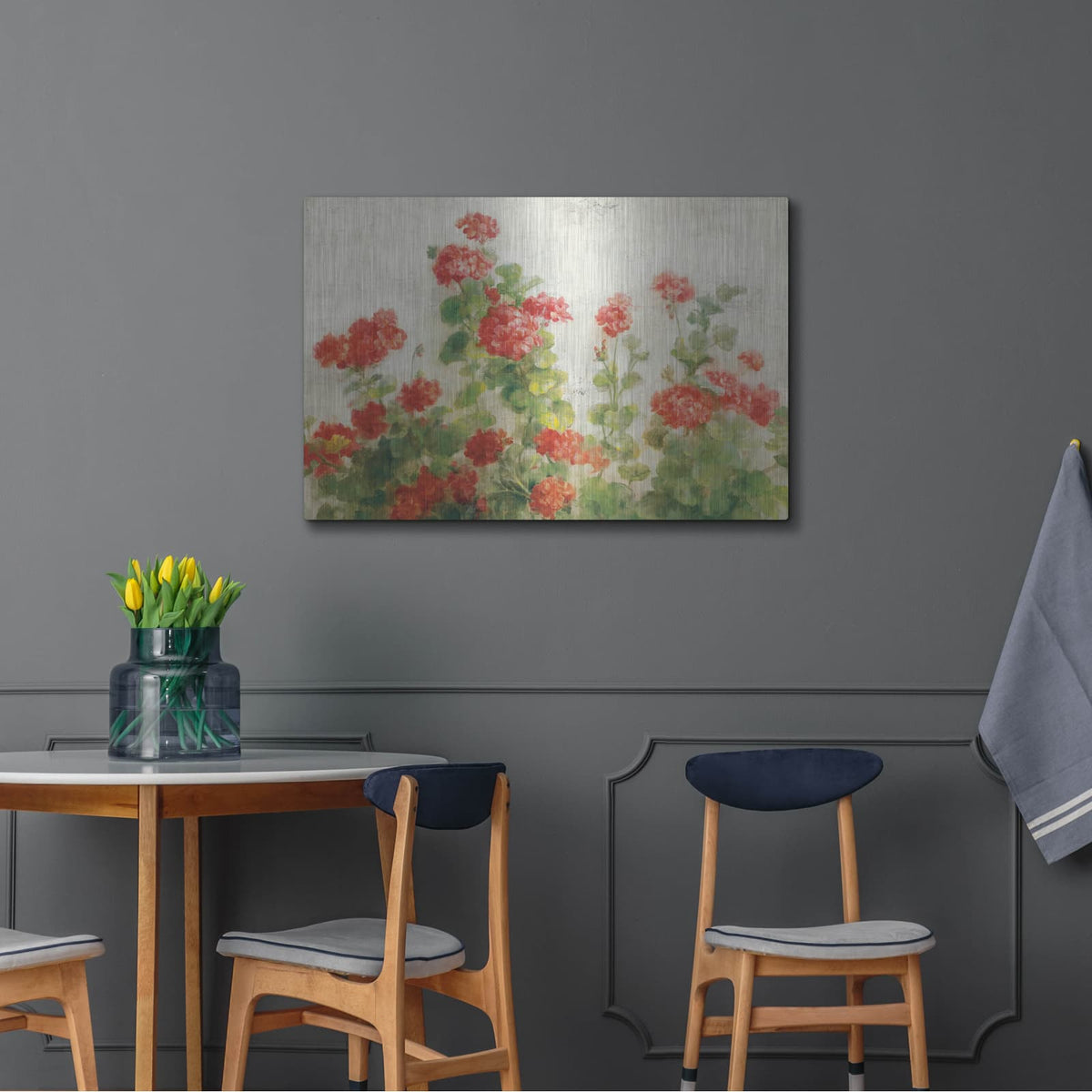 'Red Geraniums On White V2' by Danhui Nai – Metal Wall Art, 36x24 room view