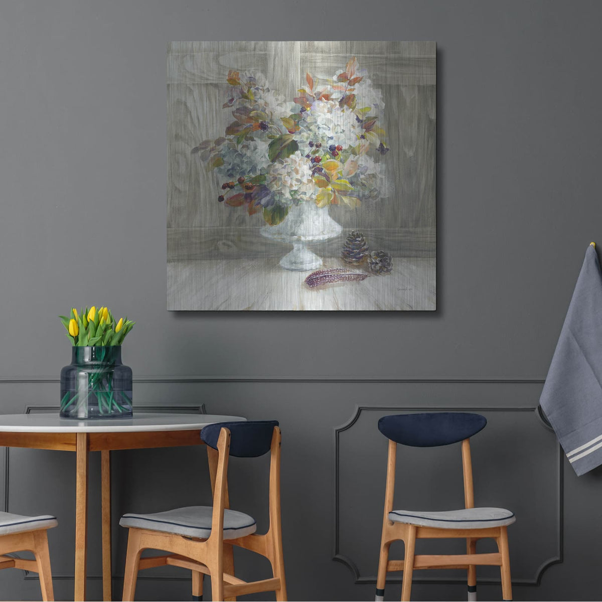 'Rustic Florals White' by Danhui Nai – Metal Wall Art, 36x36 room view