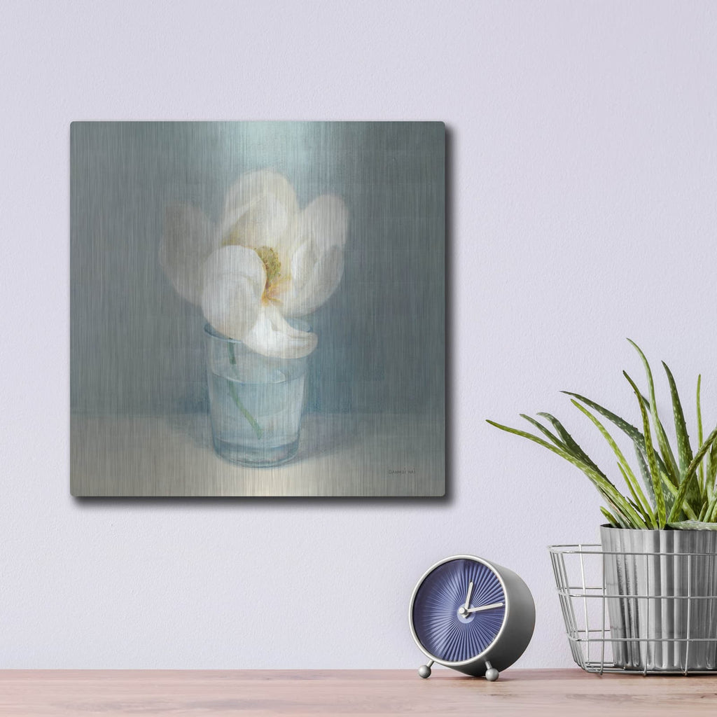 'Single White Magnolia' by Danhui Nai – Metal Wall Art, 12x12 room view
