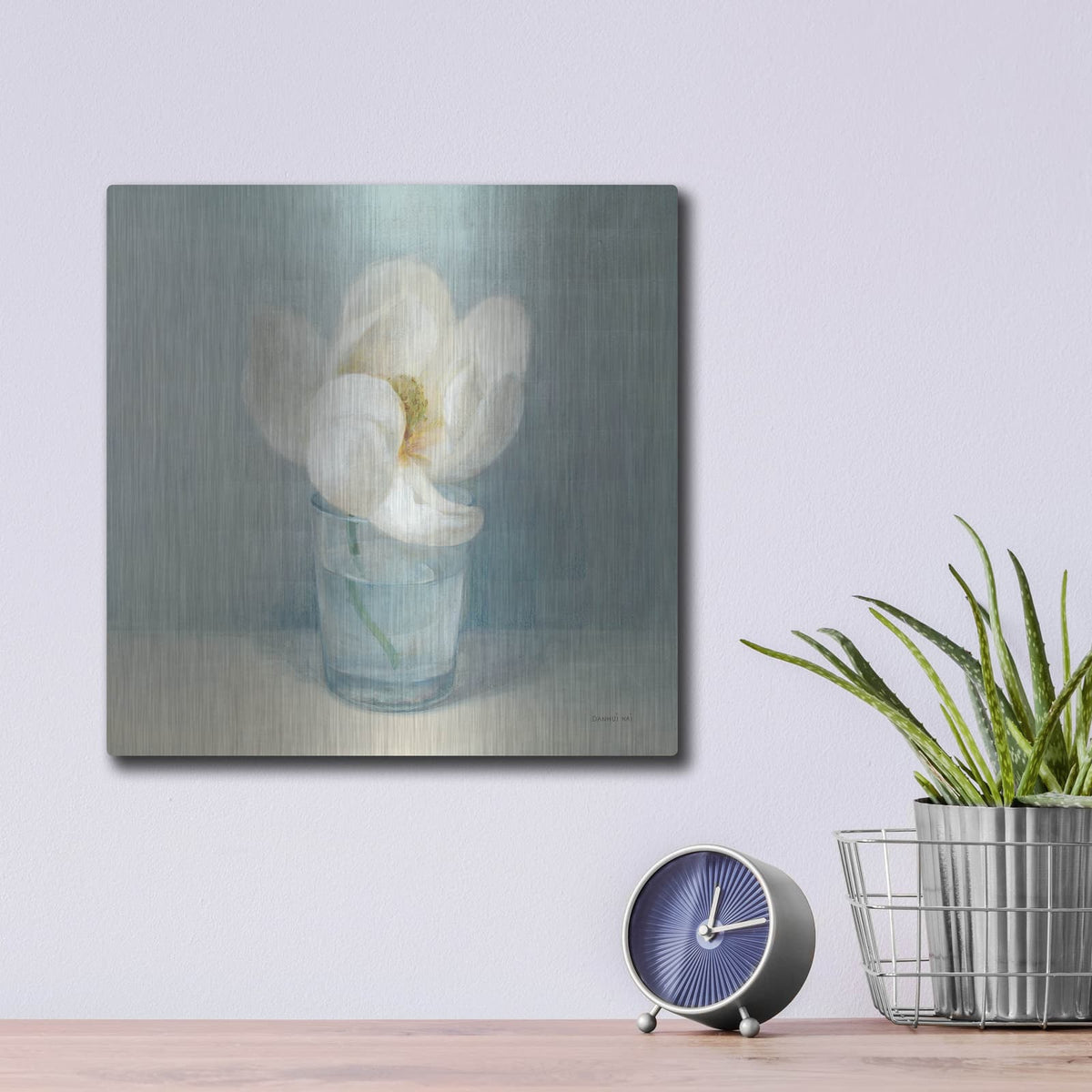 'Single White Magnolia' by Danhui Nai – Metal Wall Art, 12x12 room view