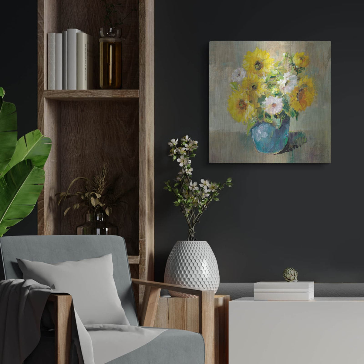 'Sunflower Still Life 1' by Danhui Nai – Metal Wall Art, 24x24 room view