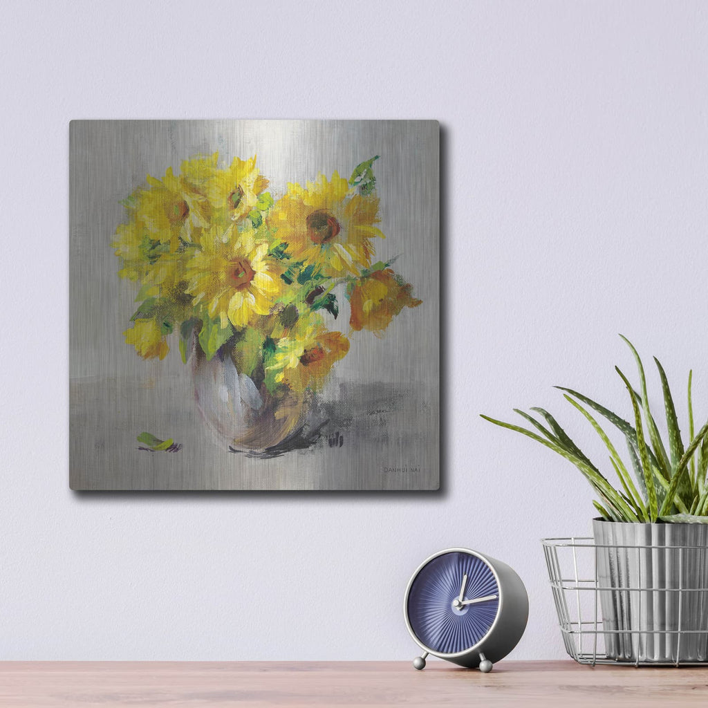 'Sunflower Still Life 2 On Gray' by Danhui Nai – Metal Wall Art, 12x12 room view