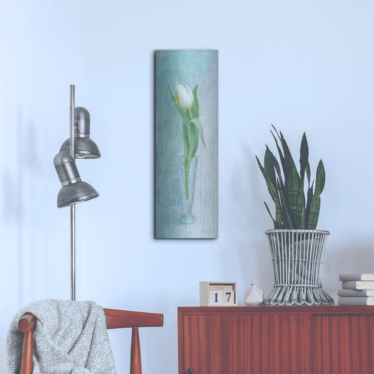 'Tulip Blue' by Danhui Nai – Metal Wall Art, 12x36 room view