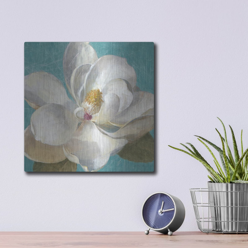 'Turquoise Bloom 1' by Danhui Nai – Metal Wall Art, 12x12 room view