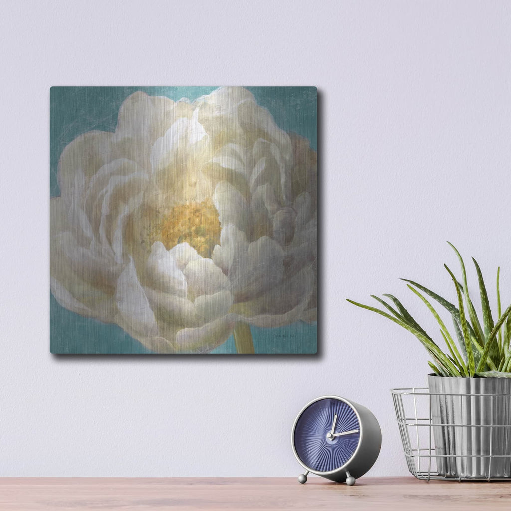 'Turquoise Bloom 2' by Danhui Nai – Metal Wall Art, 12x12 room view