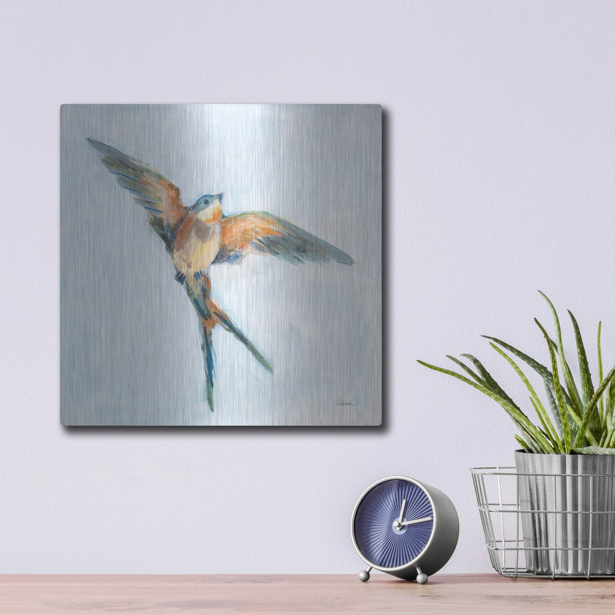 'Barn Swallow Flight 1' by Sue Schlabach – Metal Wall Art, 12x12 room view