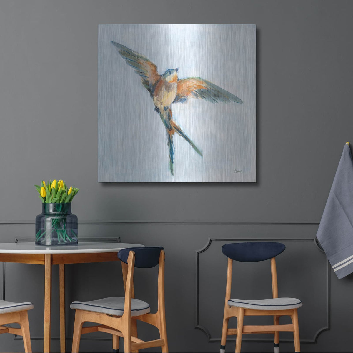 'Barn Swallow Flight 1' by Sue Schlabach – Metal Wall Art, 36x36 room view