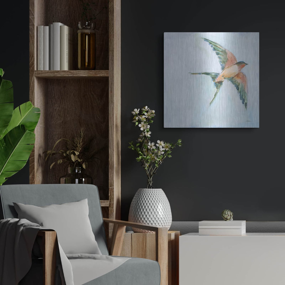 'Barn Swallow Flight 2' by Sue Schlabach – Metal Wall Art, 24x24 room view