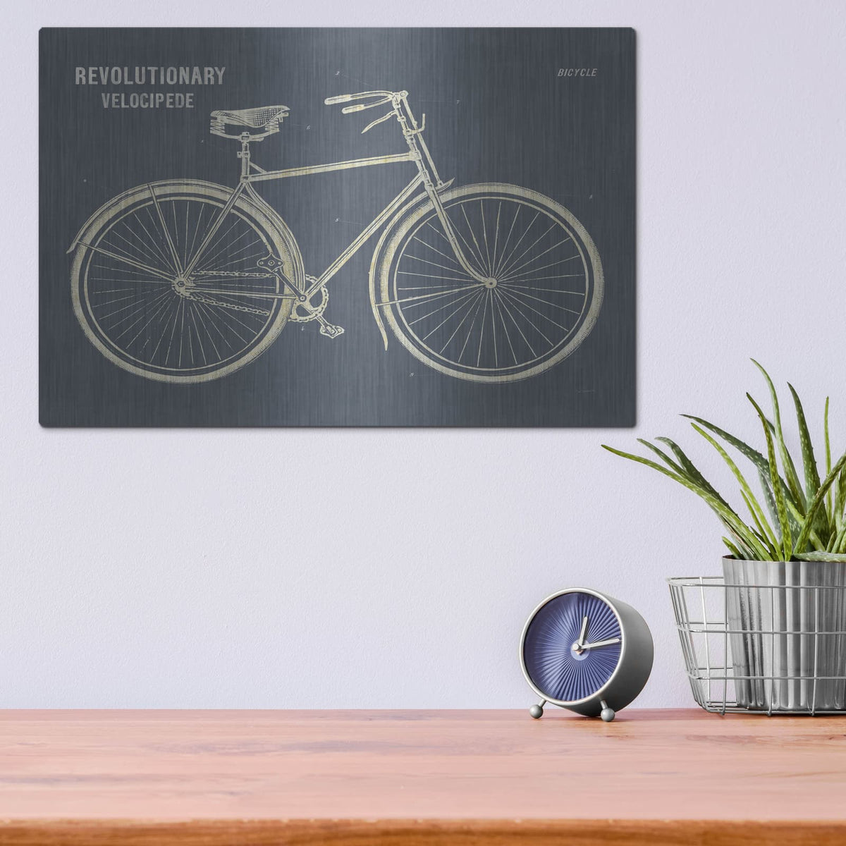 'Blueprint Bicycle Flipped Gray' by Sue Schlabach – Metal Wall Art, 16x12 room view