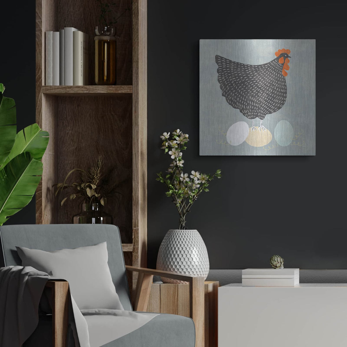 'Fresh Eggs 1 No Words' by Sue Schlabach – Metal Wall Art, 24x24 room view
