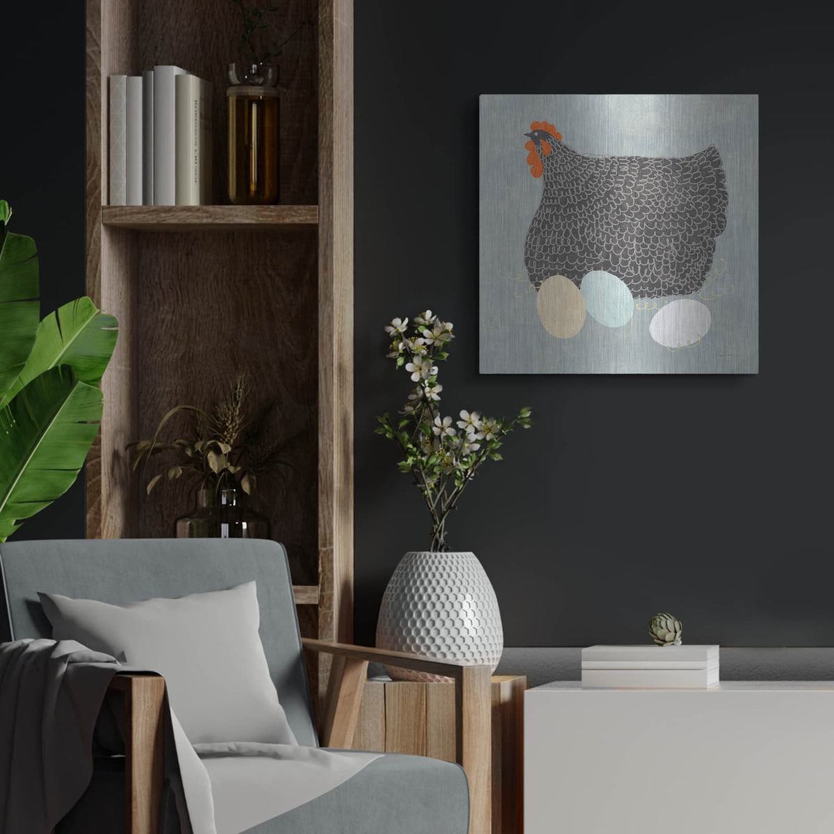 'Fresh Eggs 2 No Words' by Sue Schlabach – Metal Wall Art, 24x24 room view