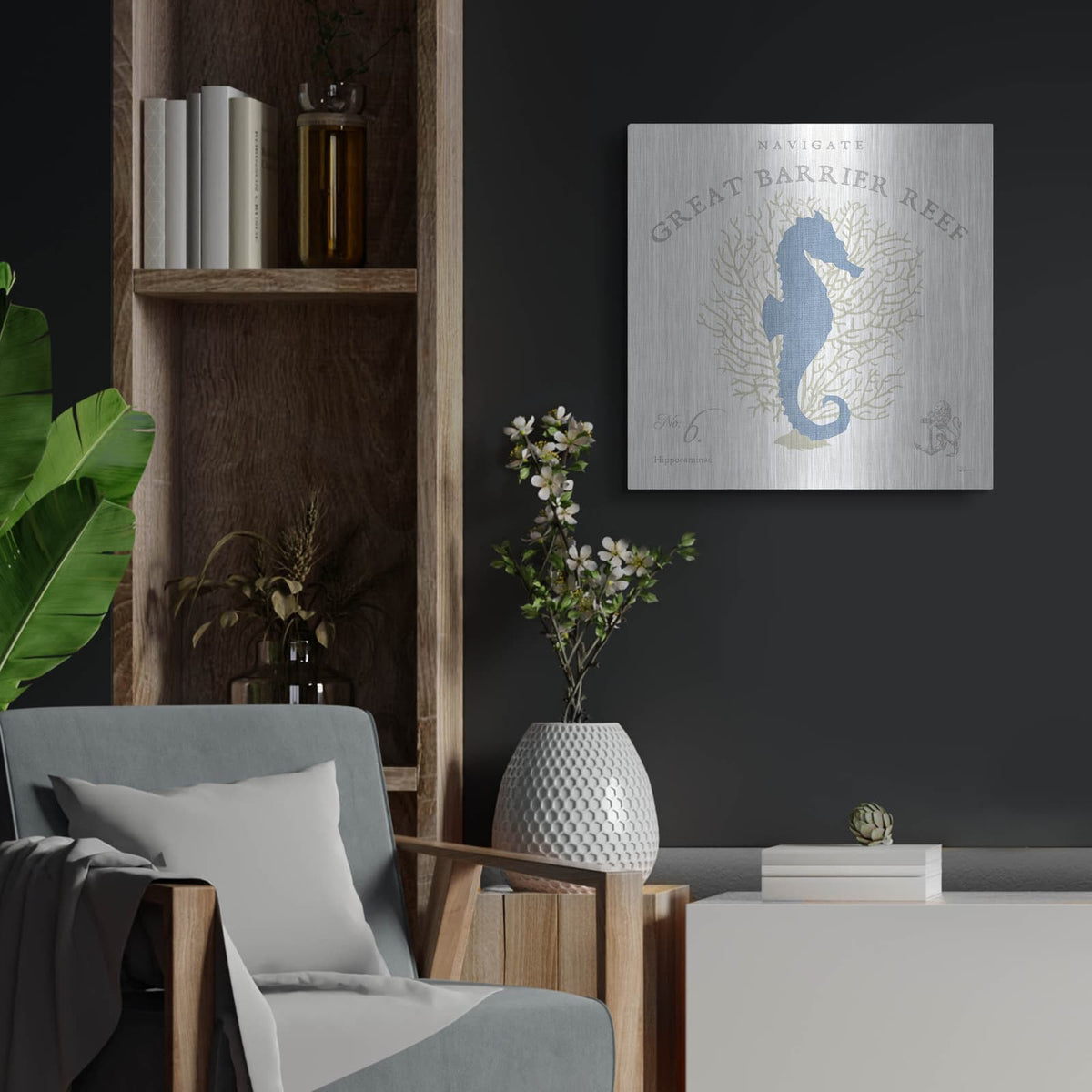 'Island Findings 1 Blue' by Sue Schlabach – Metal Wall Art, 24x24 room view