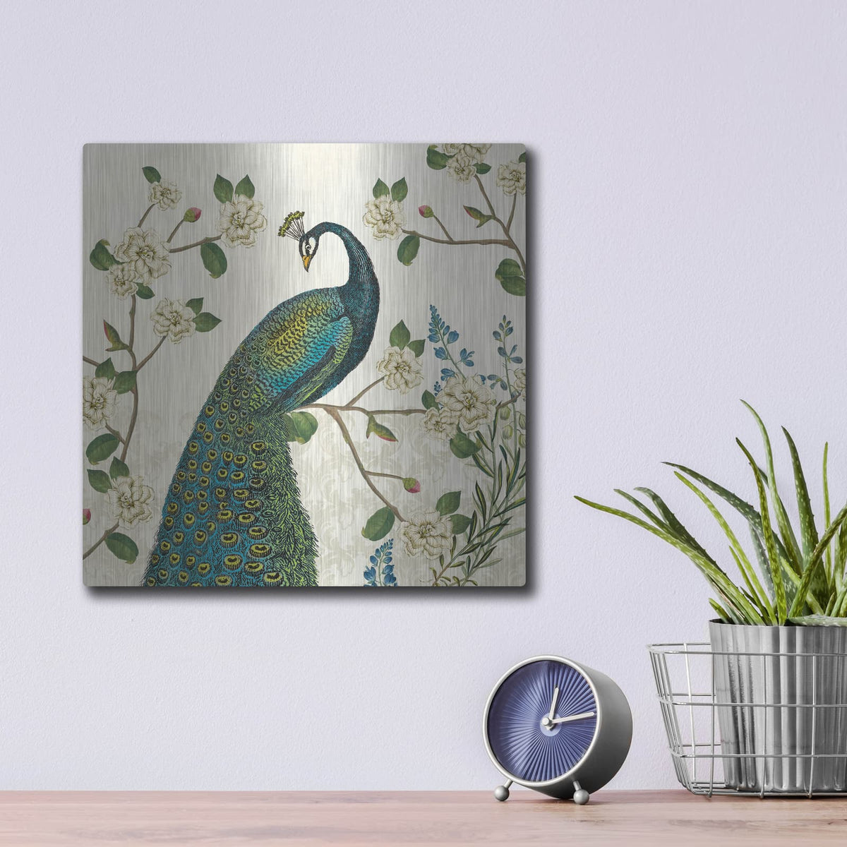 'Peacock Arbor 1 Ivory V2' by Sue Schlabach – Metal Wall Art, 12x12 room view